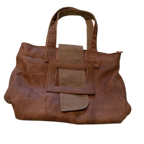 MIA Brown Leather Tote Shoulder Bag/Purse/Burlap type embellishments-Great Shape - Picture 1 of 11